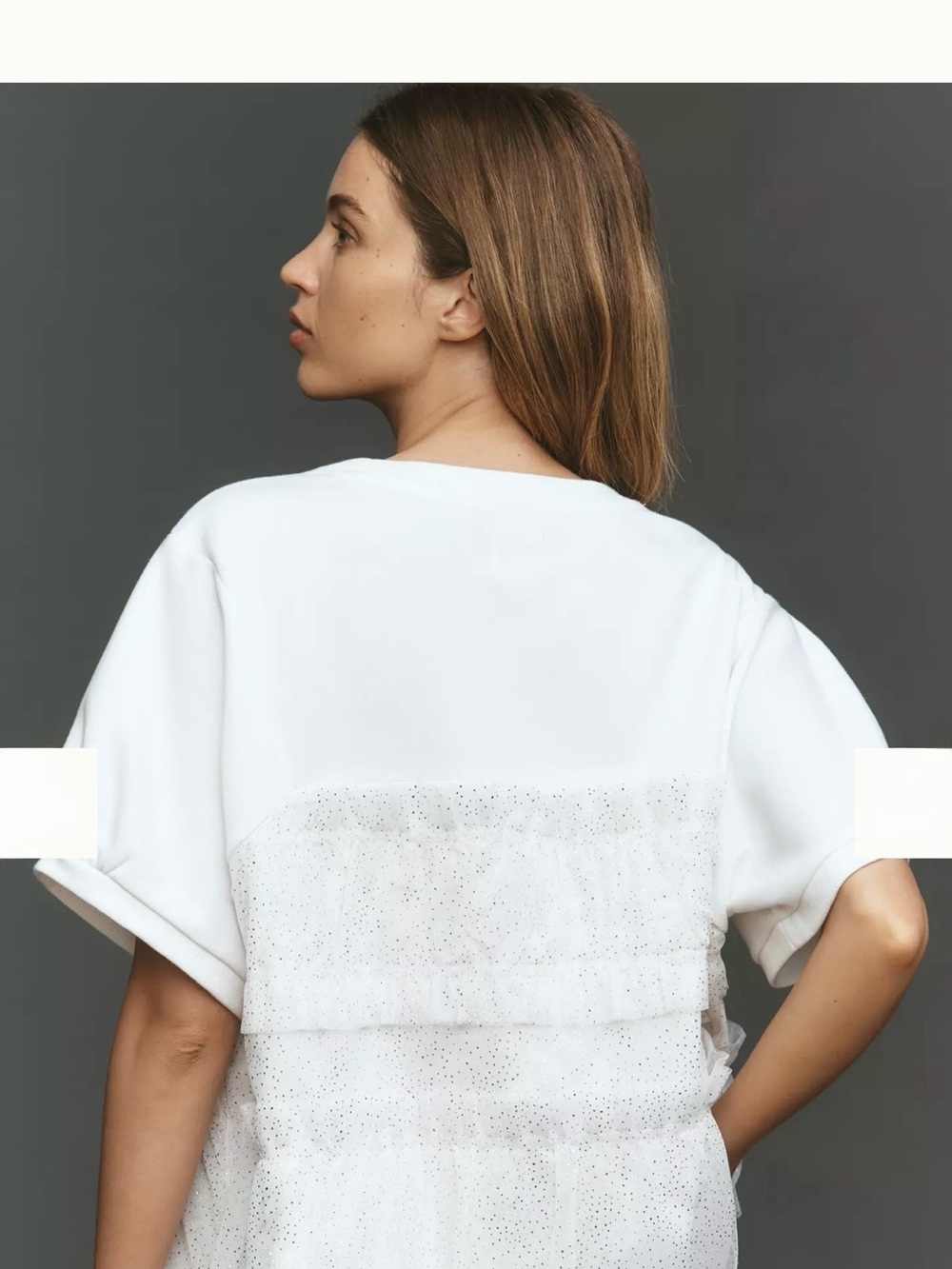 White Short Sleeve Ruffle Mesh Overlay Top - Picture 3 of 8